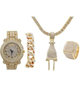 Plug Necklace Cuban Link Bracelet Tennis Chain Bundle Watch Hip Hop Ring Set Bling Gold Color Watch Simulated Diamond