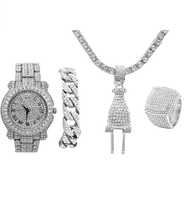 Plug Necklace Cuban Link Bracelet Tennis Chain Bundle Watch Hip Hop Ring Set Bling Gold Color Watch Simulated Diamond