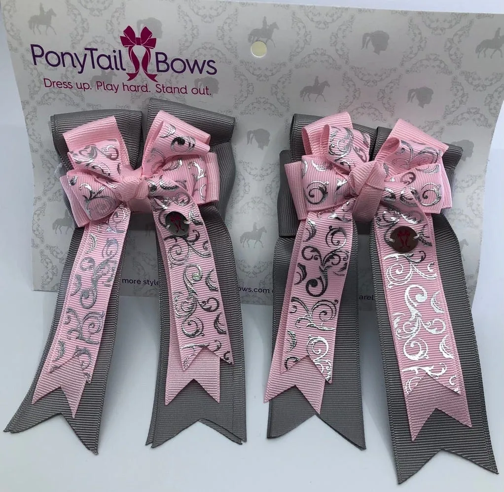 PonyTail Bows- Baby Pink Scroll