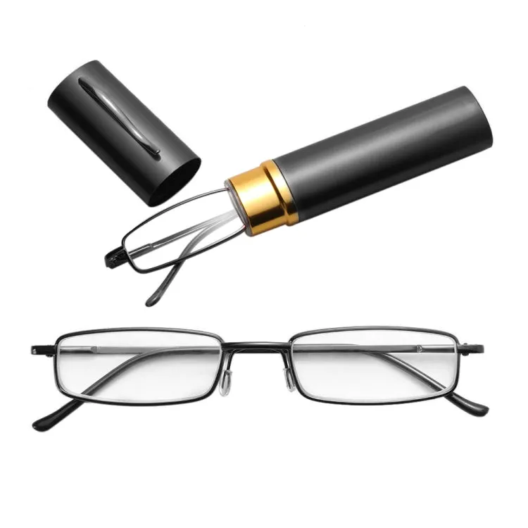 Reading Glasses Metal Spring Foot Portable Presbyopic Glasses with Tube Case  1.00D(Black)