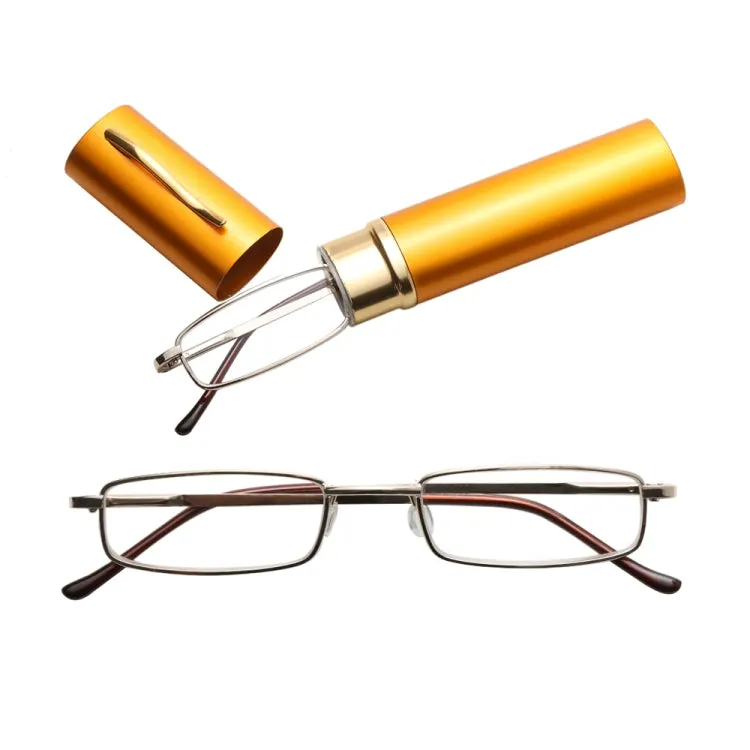 Reading Glasses Metal Spring Foot Portable Presbyopic Glasses with Tube Case  1.50D(Yellow)