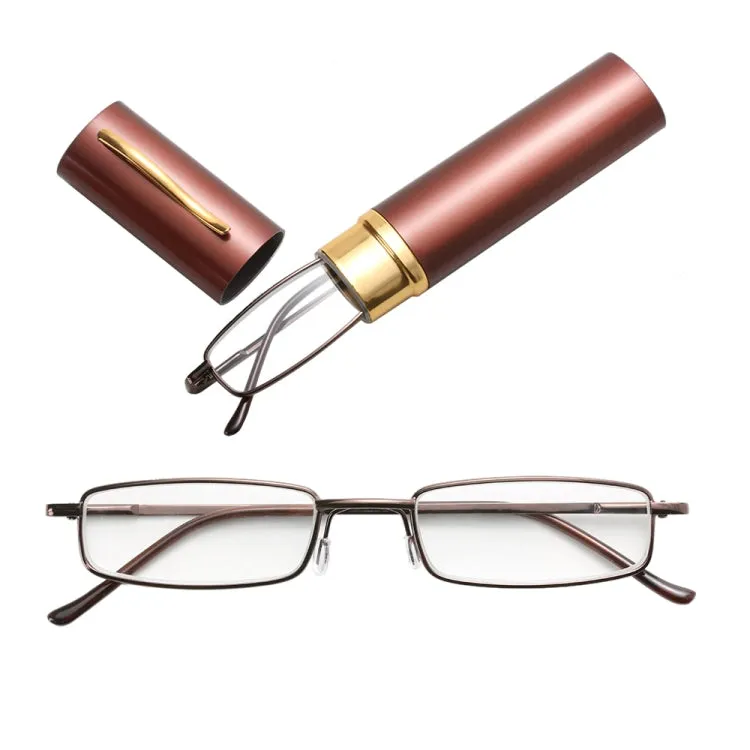 Reading Glasses Metal Spring Foot Portable Presbyopic Glasses with Tube Case  2.00D(Brown)