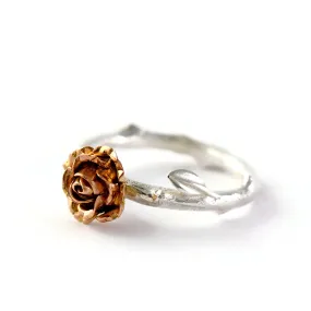 Red rose ring - 9 carat rose gold rose ring with a silver rose stem band