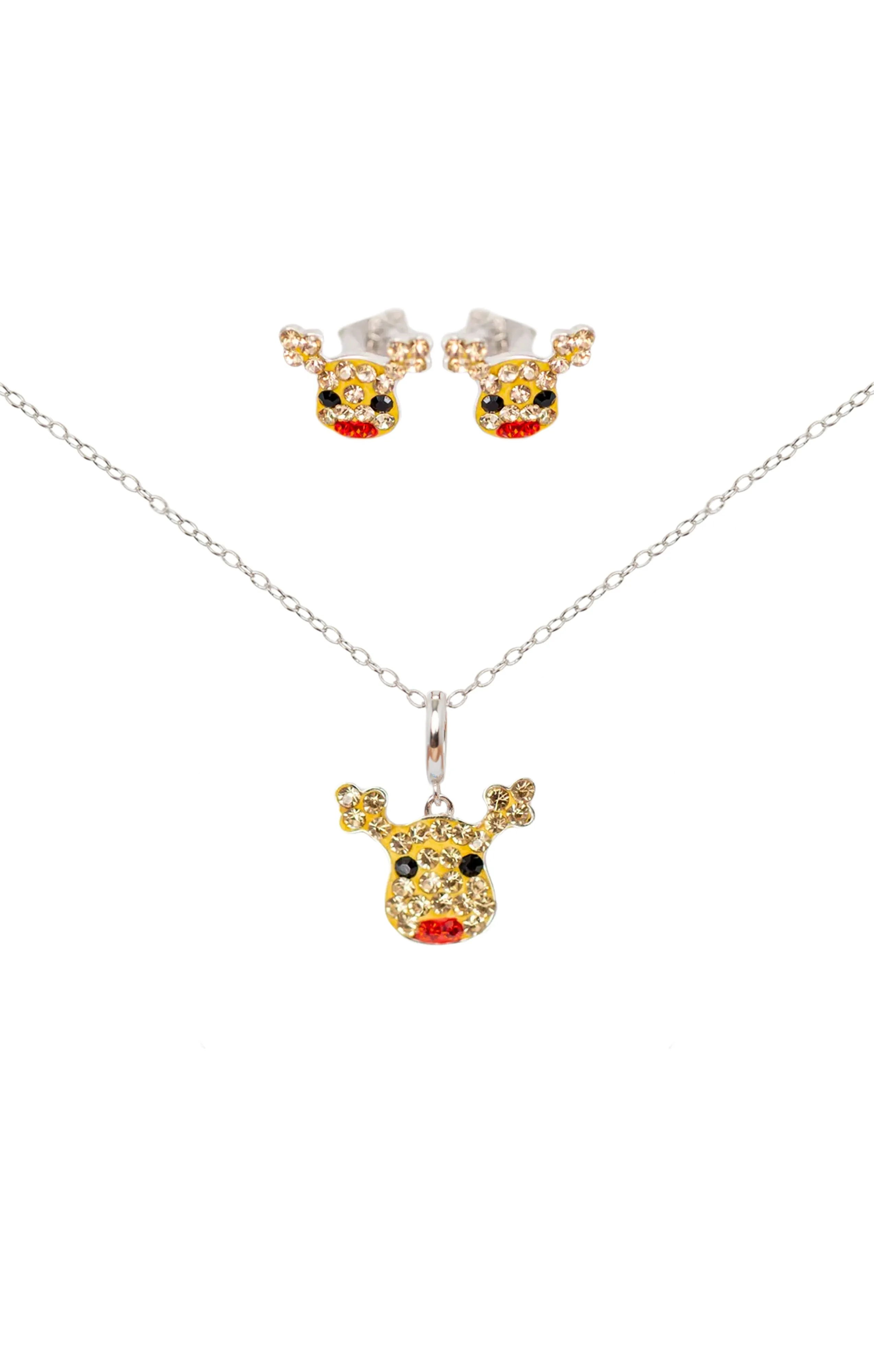 Reindeer Crystal Sterling Silver Earring and Charm Necklace Set