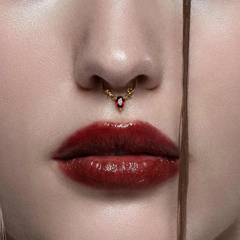 RELISH. Garnet Drop Septum Clicker Ring - Gold