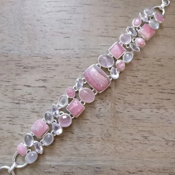 Rhodochrosite and Rose Quartz Multi Stone Sterling Silver Bracelet