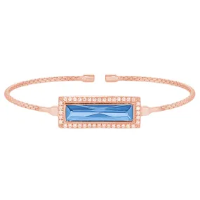 Rose Gold Finish Sterling Silver Cable Cuff Bracelet with Rectangular Simulated Blue Topaz Stone and Simulated Diamonds