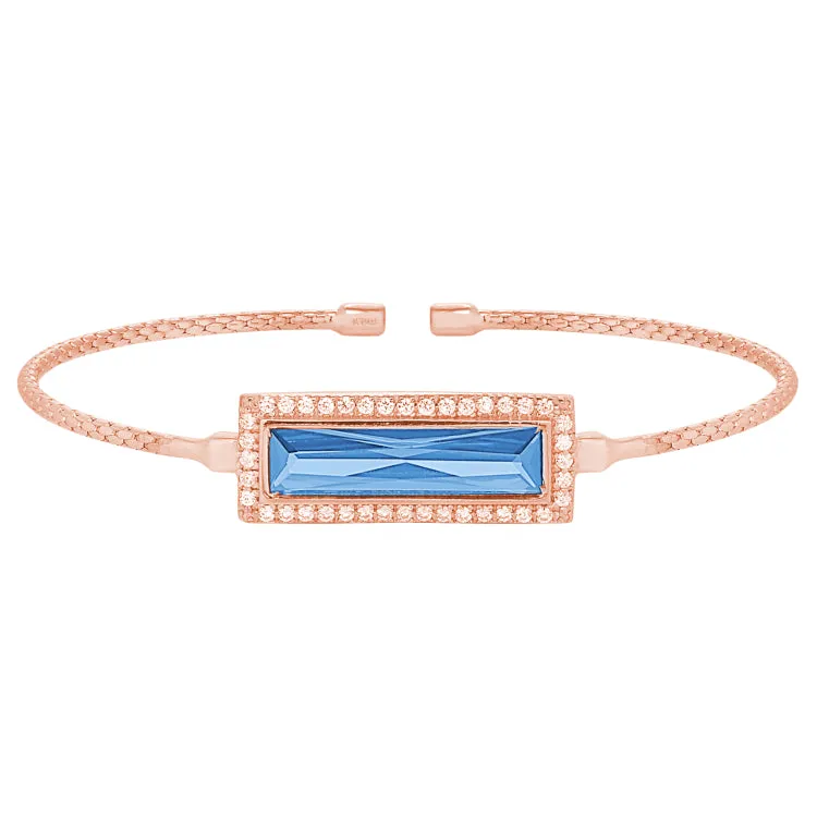 Rose Gold Finish Sterling Silver Cable Cuff Bracelet with Rectangular Simulated Blue Topaz Stone and Simulated Diamonds