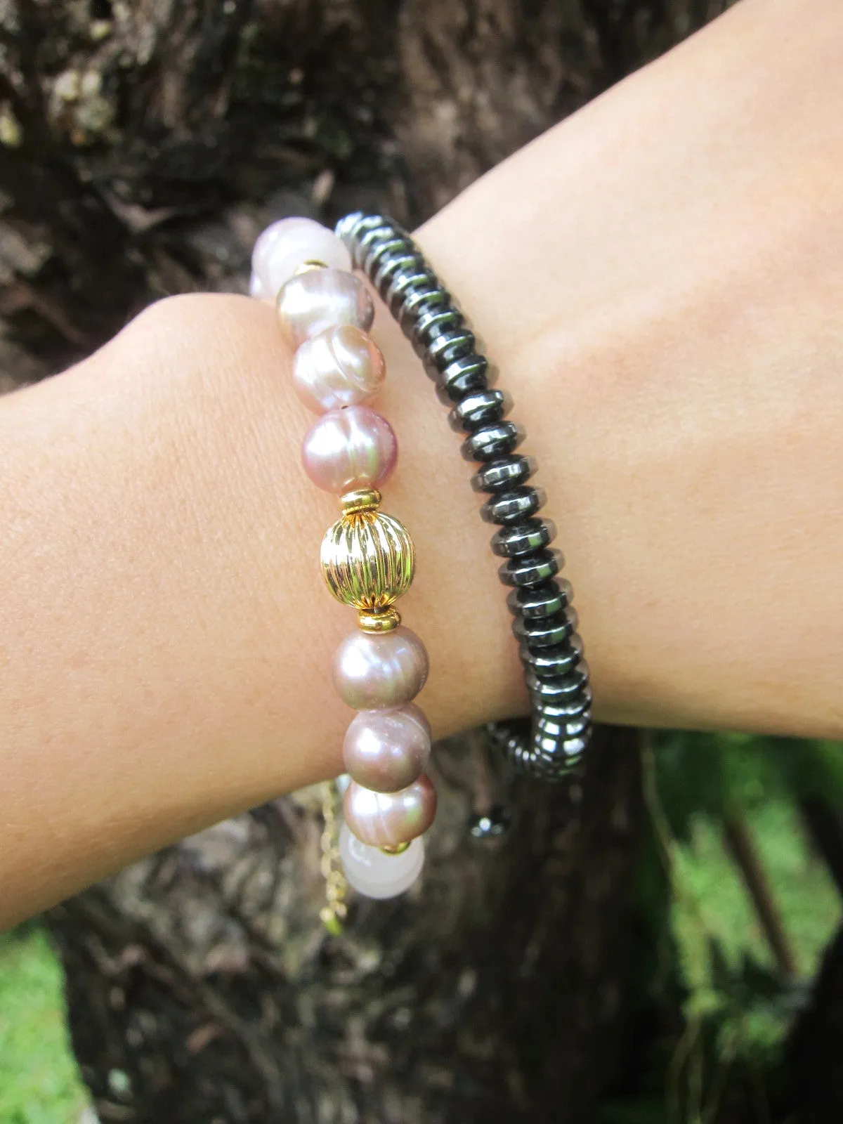 Rose Quartz, Freshwater Pink Baroque Pearl Bracelet