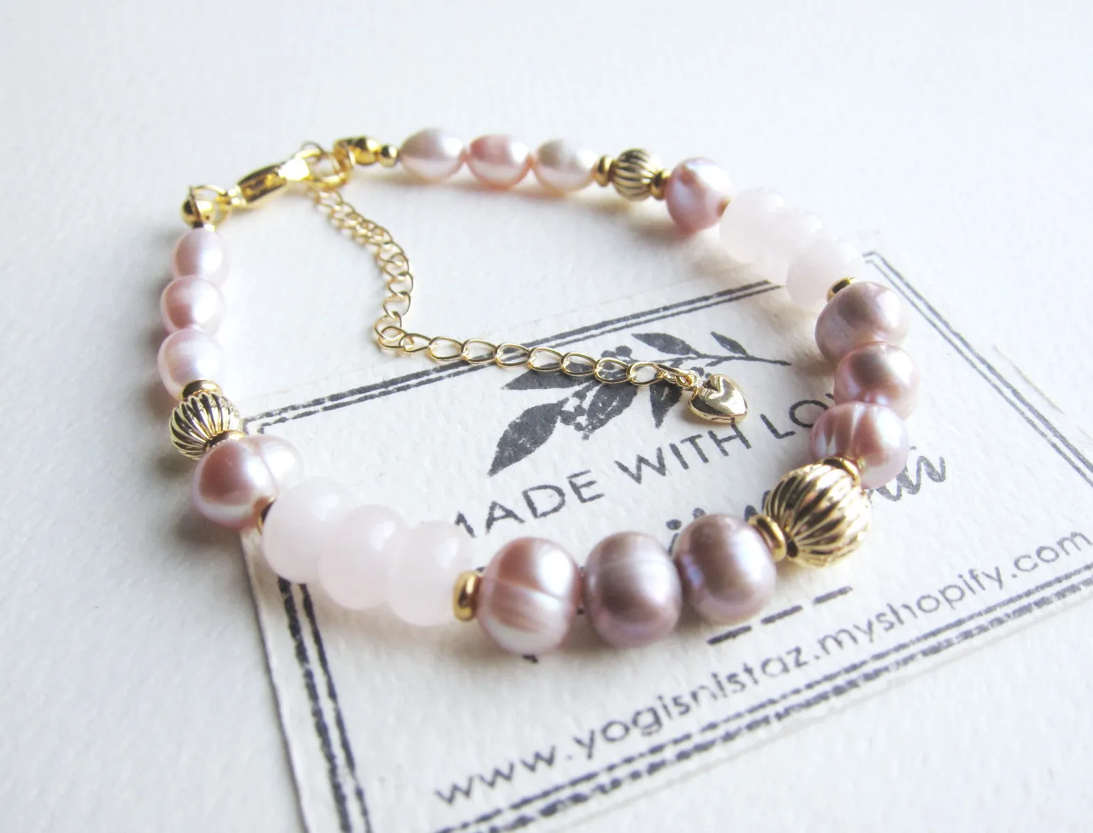 Rose Quartz, Freshwater Pink Baroque Pearl Bracelet