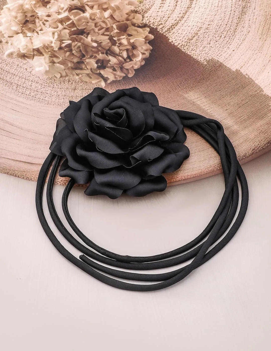 Rubans Elegant Black Satin Rose Choker Necklace - Bold Statement Piece for Every Look