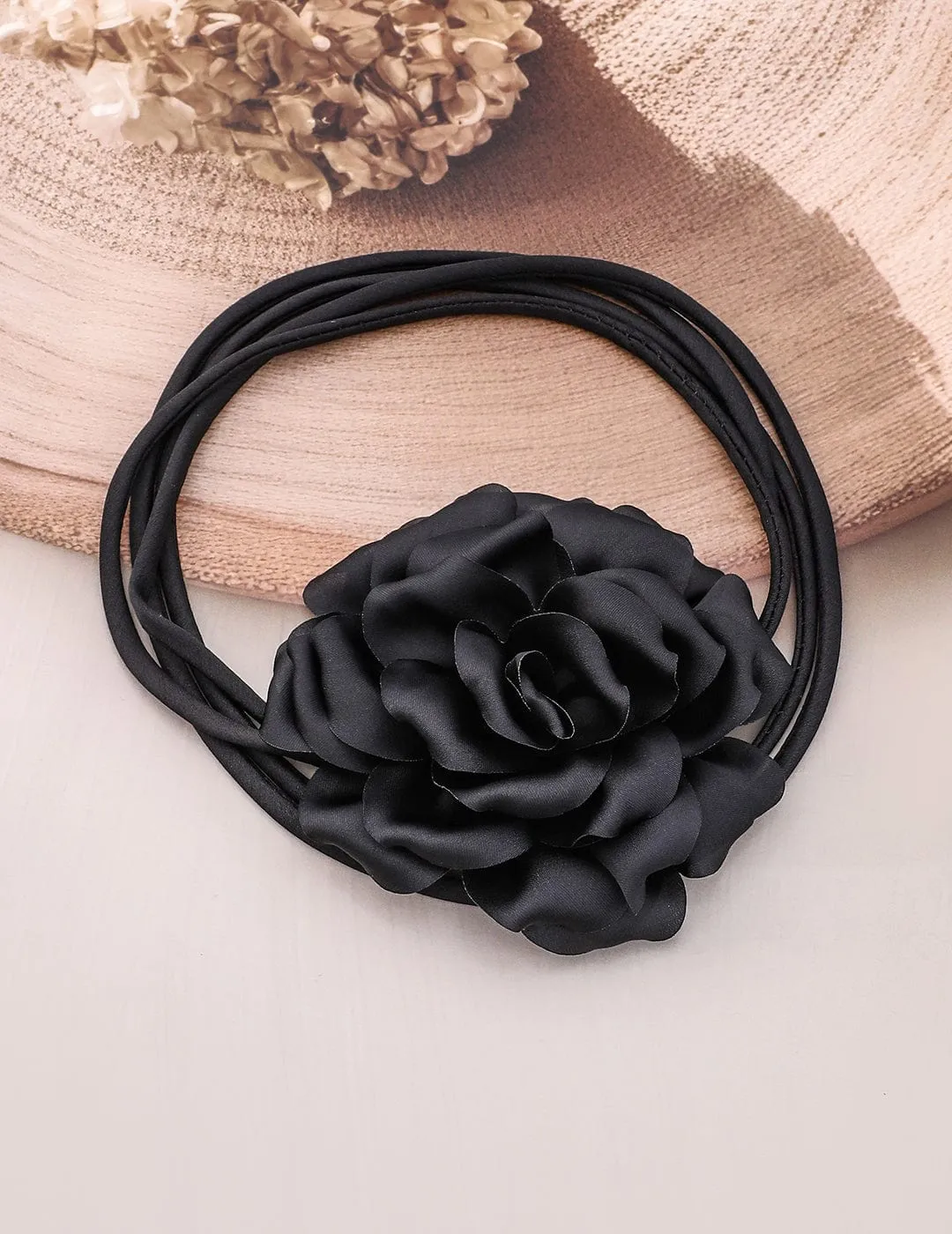 Rubans Elegant Black Satin Rose Choker Necklace - Bold Statement Piece for Every Look