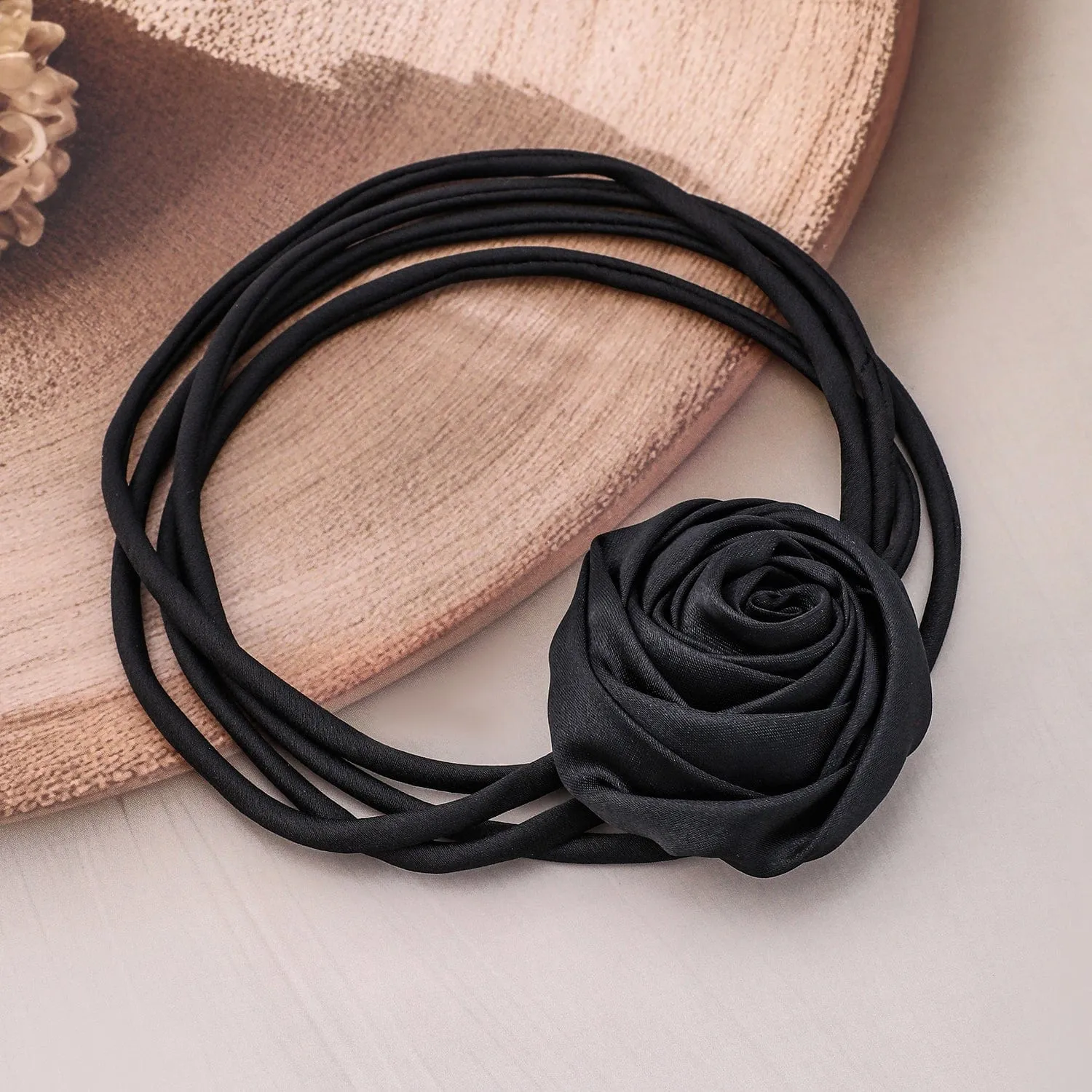 Rubans Elegant Black Satin Rose Choker Necklace – Bold Statement Piece for Every Look