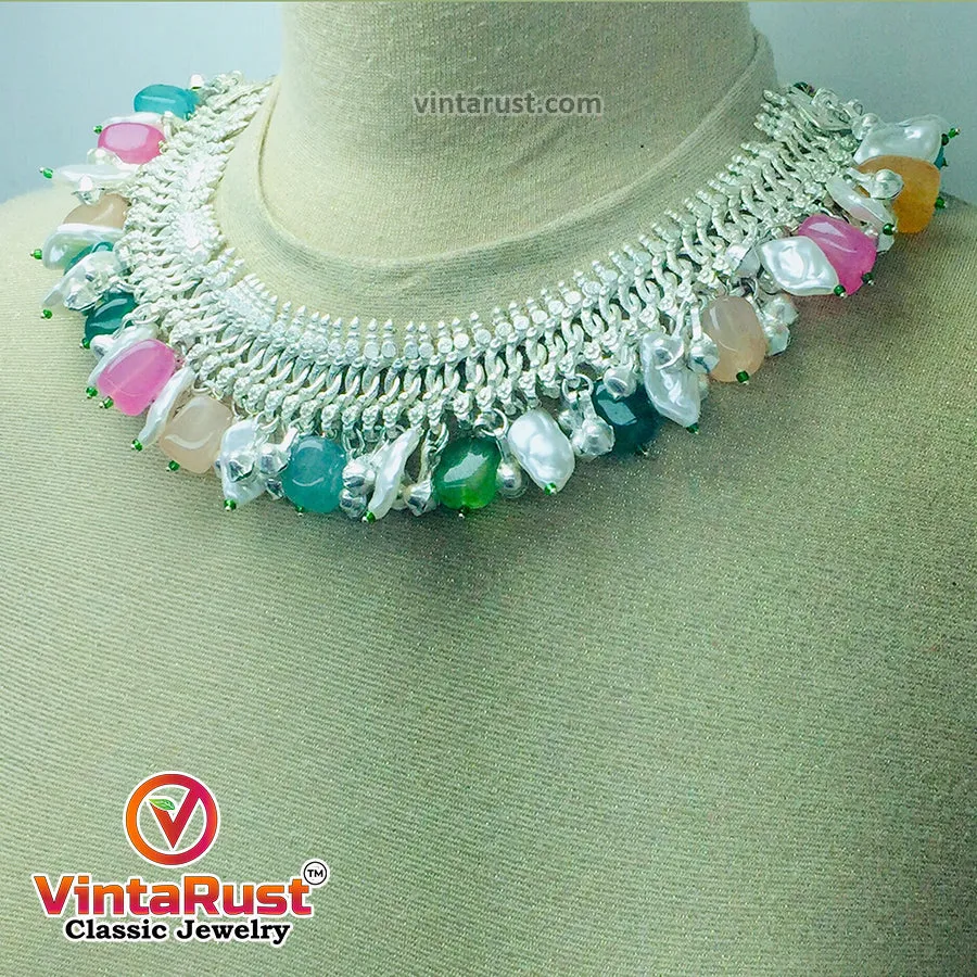 Silver Metallic Choker Necklace With Multicolor Stones