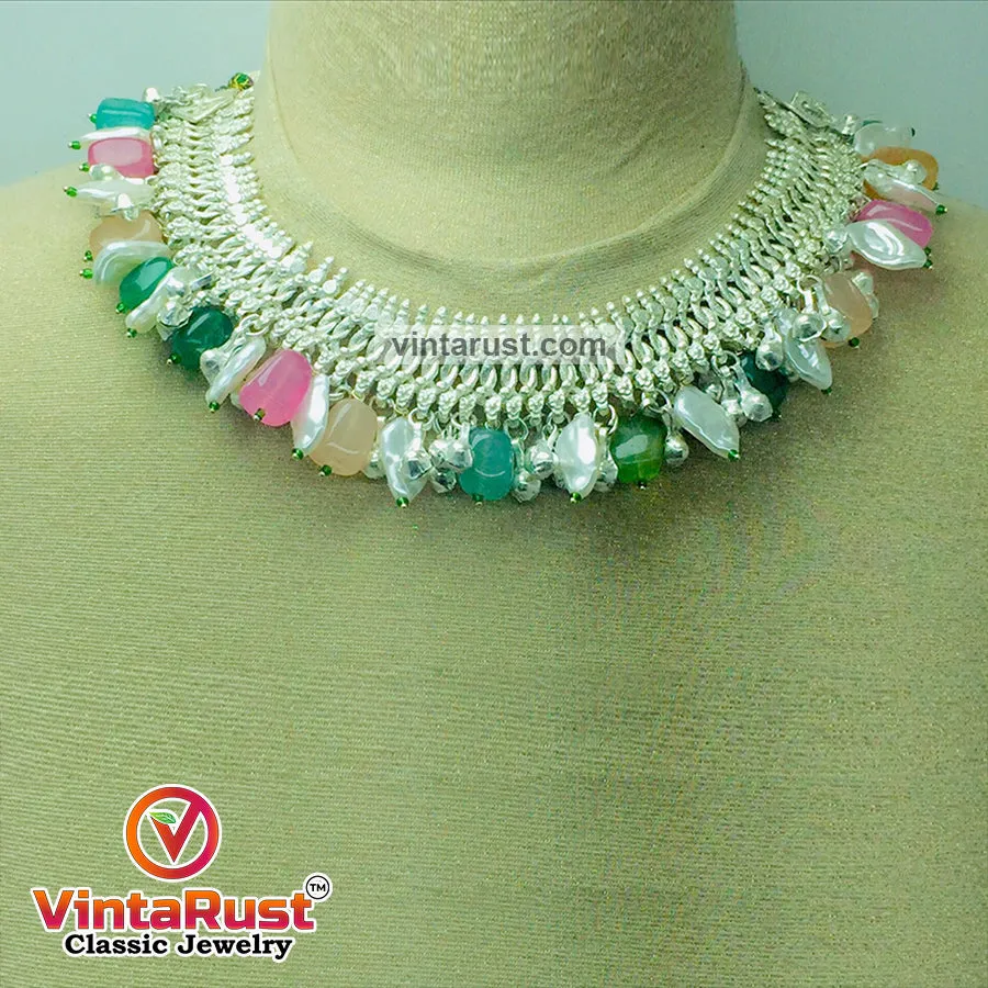 Silver Metallic Choker Necklace With Multicolor Stones