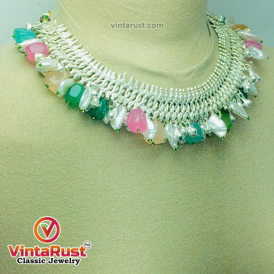 Silver Metallic Choker Necklace With Multicolor Stones