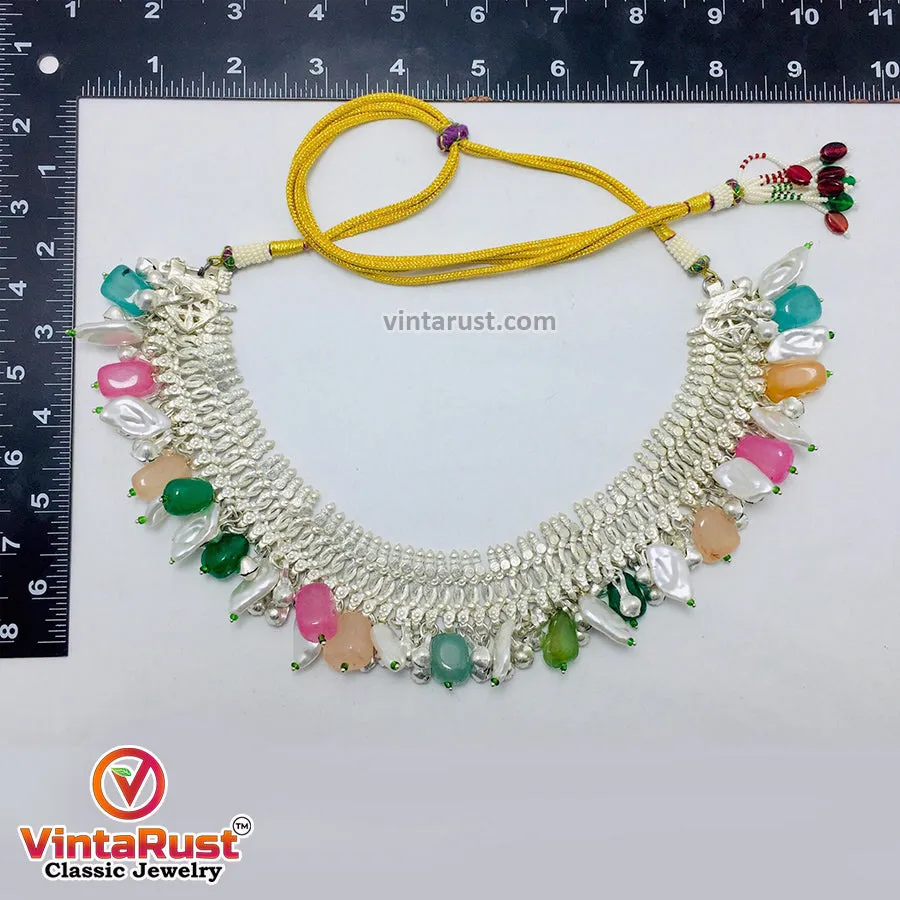 Silver Metallic Choker Necklace With Multicolor Stones