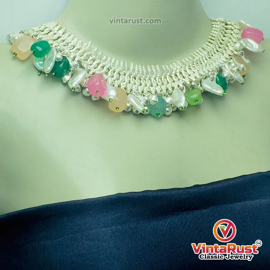 Silver Metallic Choker Necklace With Multicolor Stones