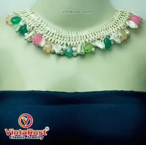 Silver Metallic Choker Necklace With Multicolor Stones