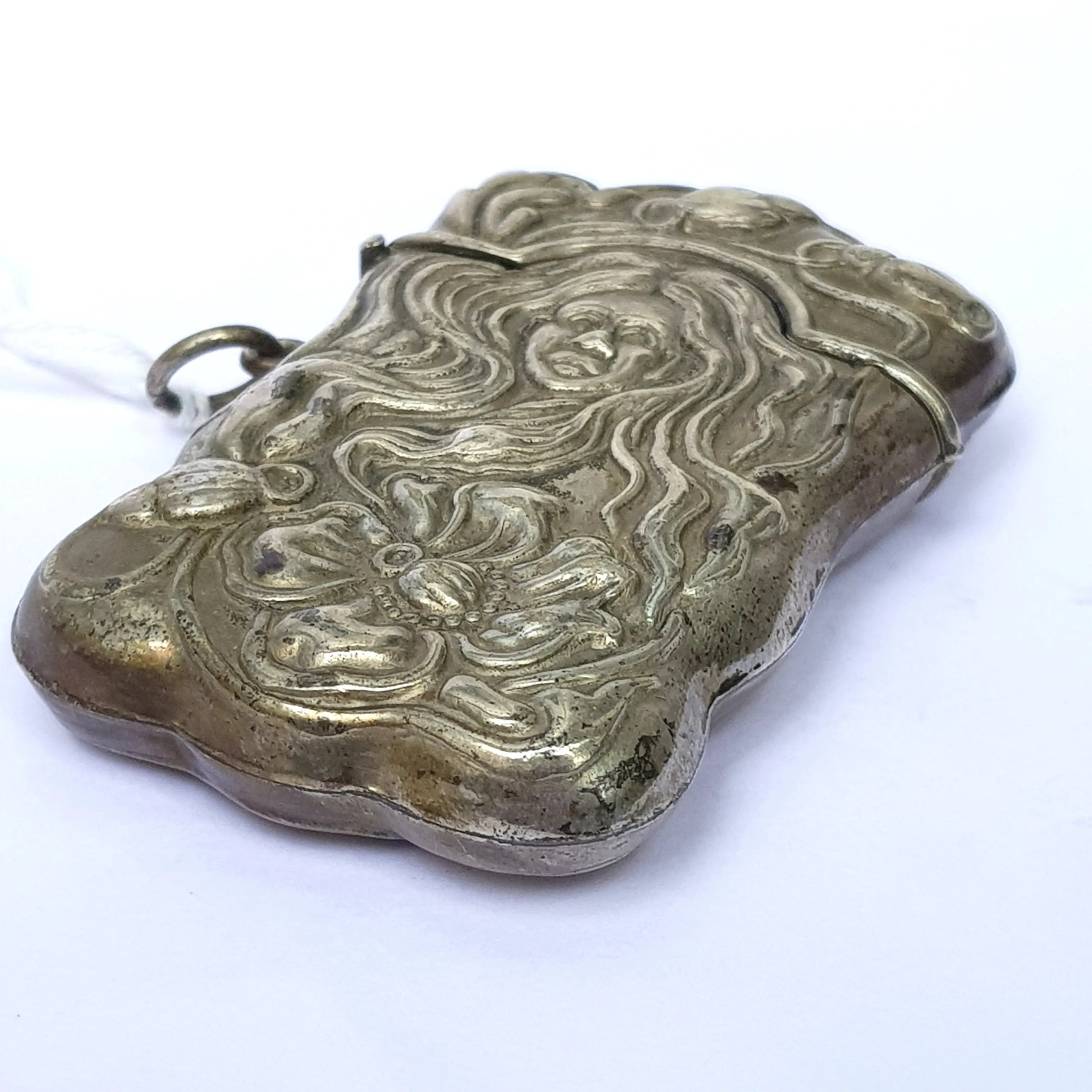 Silver Plated Match Vesta Case Ladies Head In Flowers Rare Pattern Victorian Art Nouveau Circa 1900