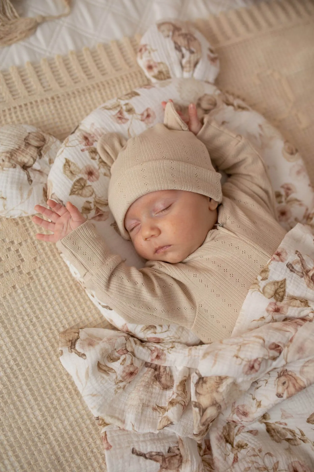 Soft Cotton Baby Hat with ears - Beige Openwork