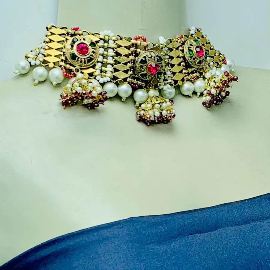 Statement Collar Choker With Multicolor Beads And Pearls