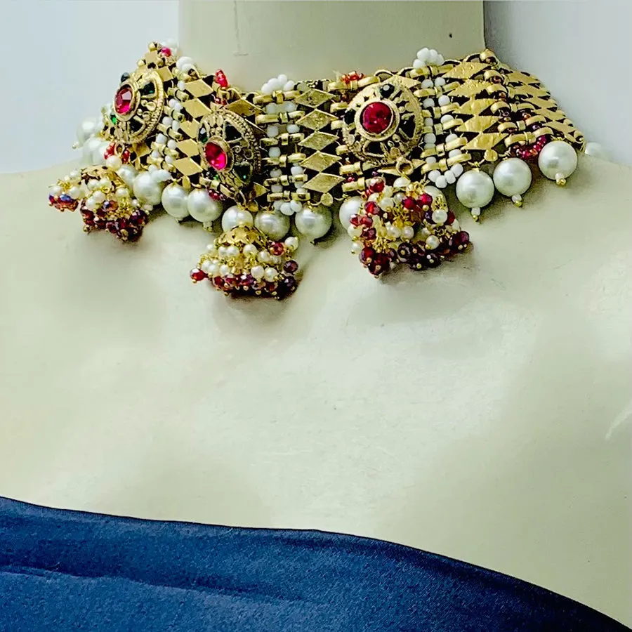 Statement Collar Choker With Multicolor Beads And Pearls