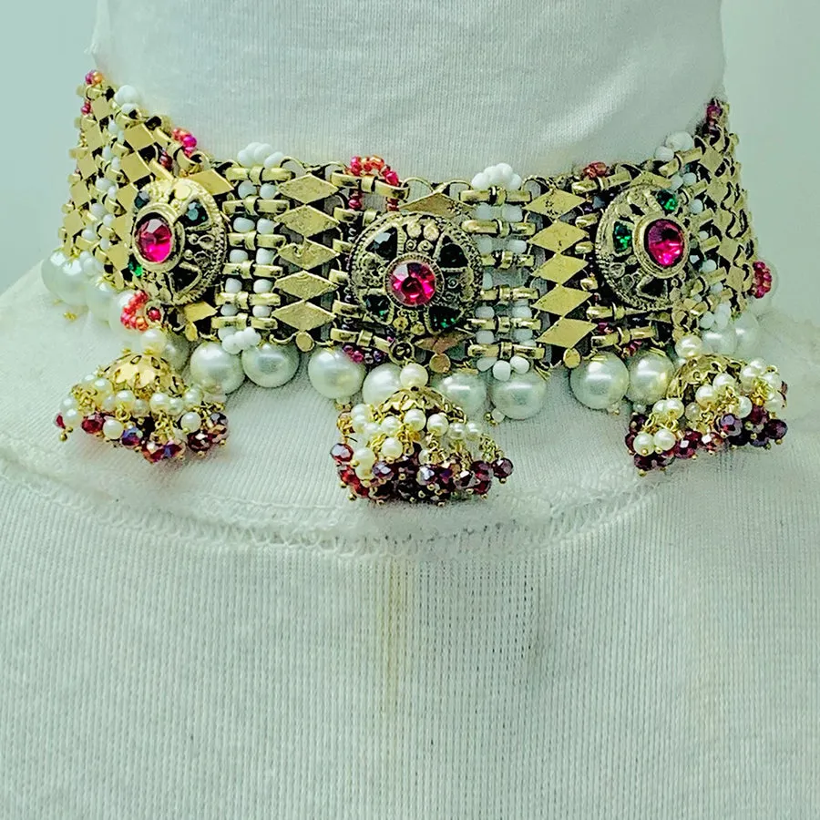 Statement Collar Choker With Multicolor Beads And Pearls