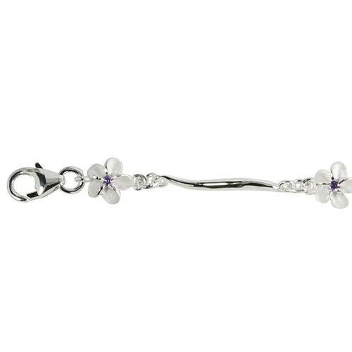 Sterling Silver 6mm Plumeria with Purple CZ Wave Bar Bracelet