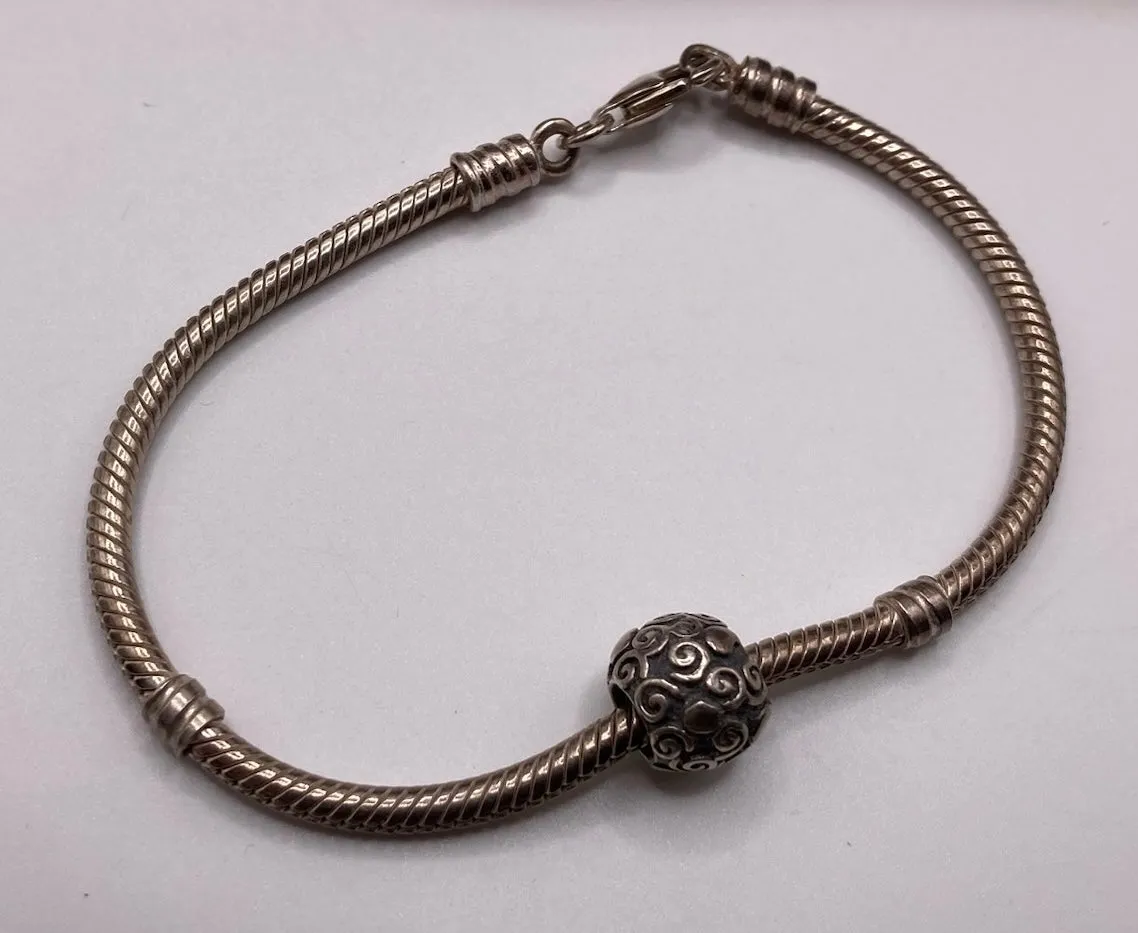 Sterling Silver 925 Snake Chain Barrel Bead Charm Bracelet