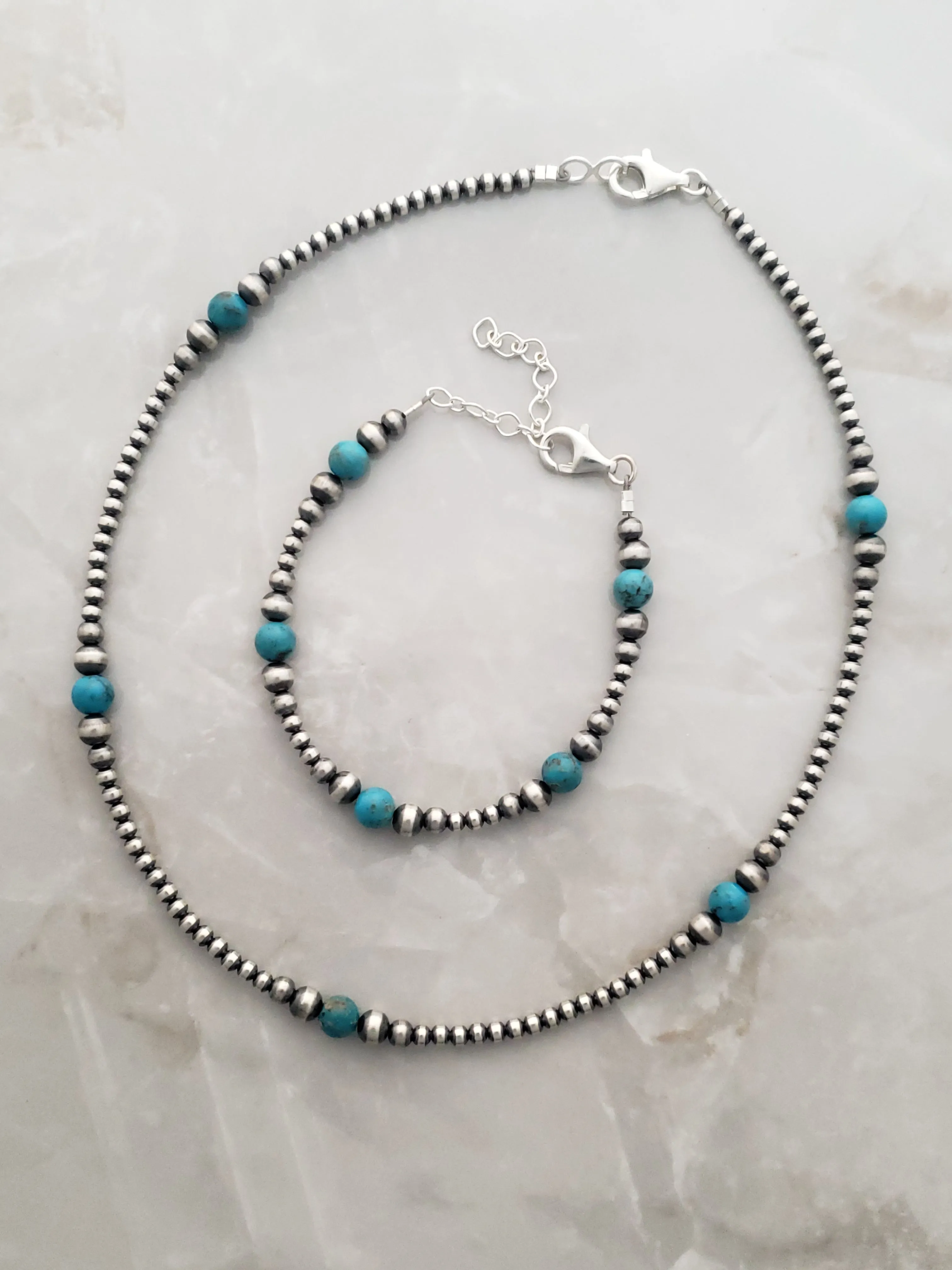 Sterling Silver & Blue Turquoise Bead Navajo Pearl Necklace Or Bracelet