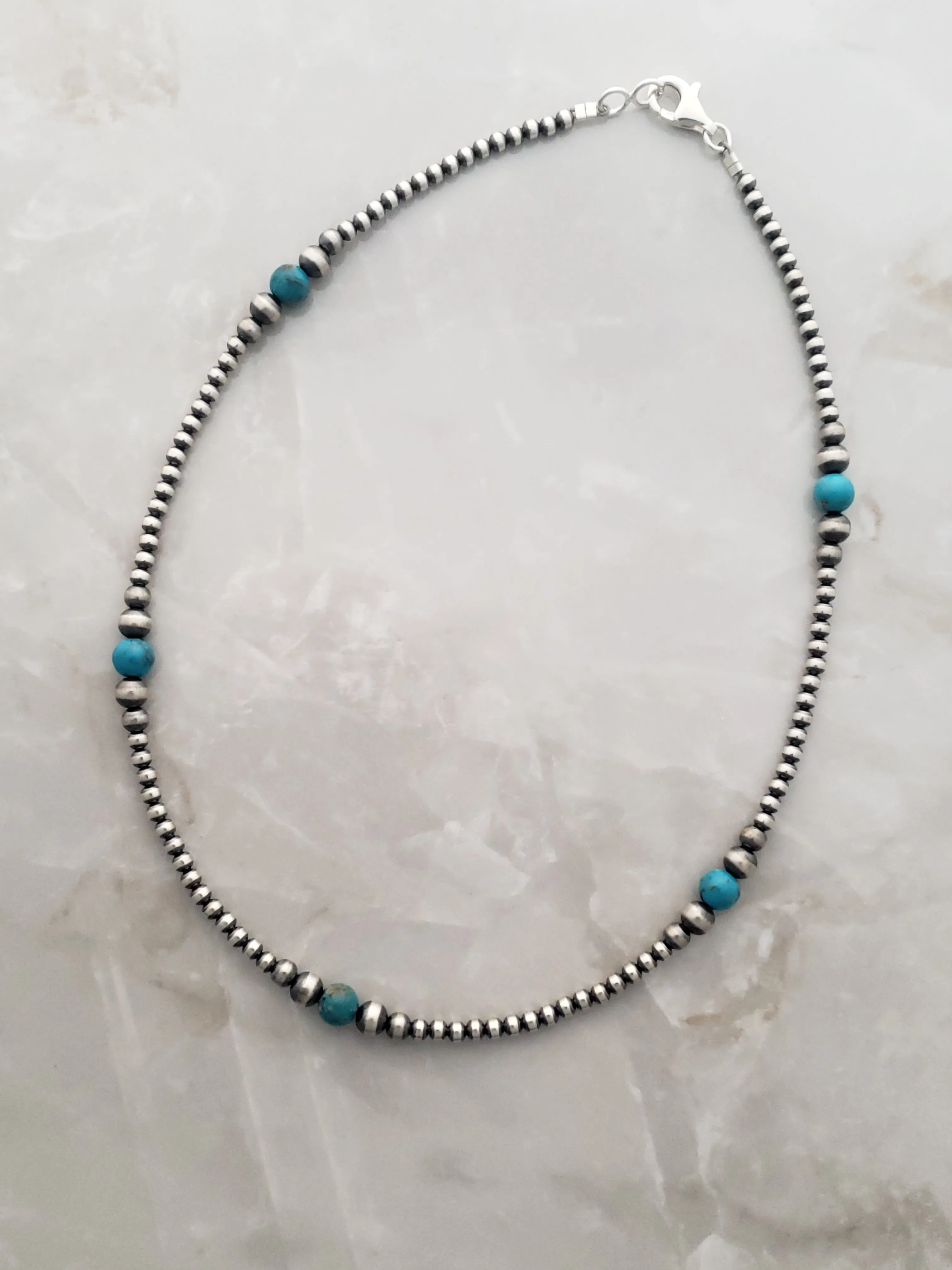 Sterling Silver & Blue Turquoise Bead Navajo Pearl Necklace Or Bracelet