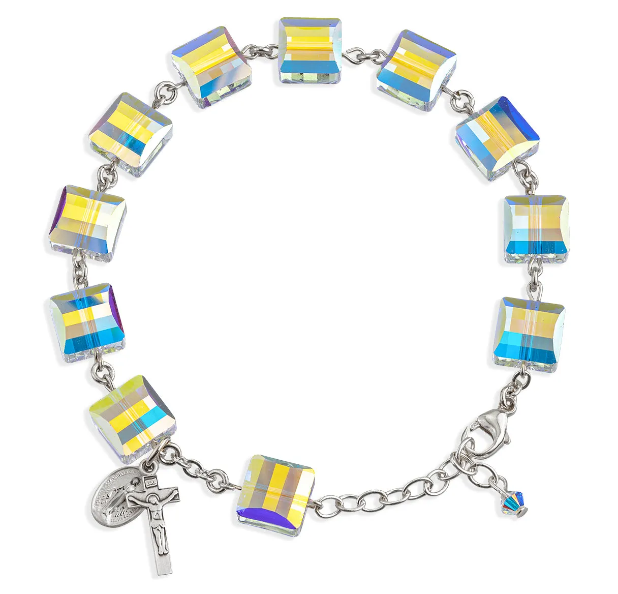 Sterling Silver Rosary Bracelet Created with 10mm Aurora Borealis Finest Austrian Crystal Square Beads by HMH - B5624CR