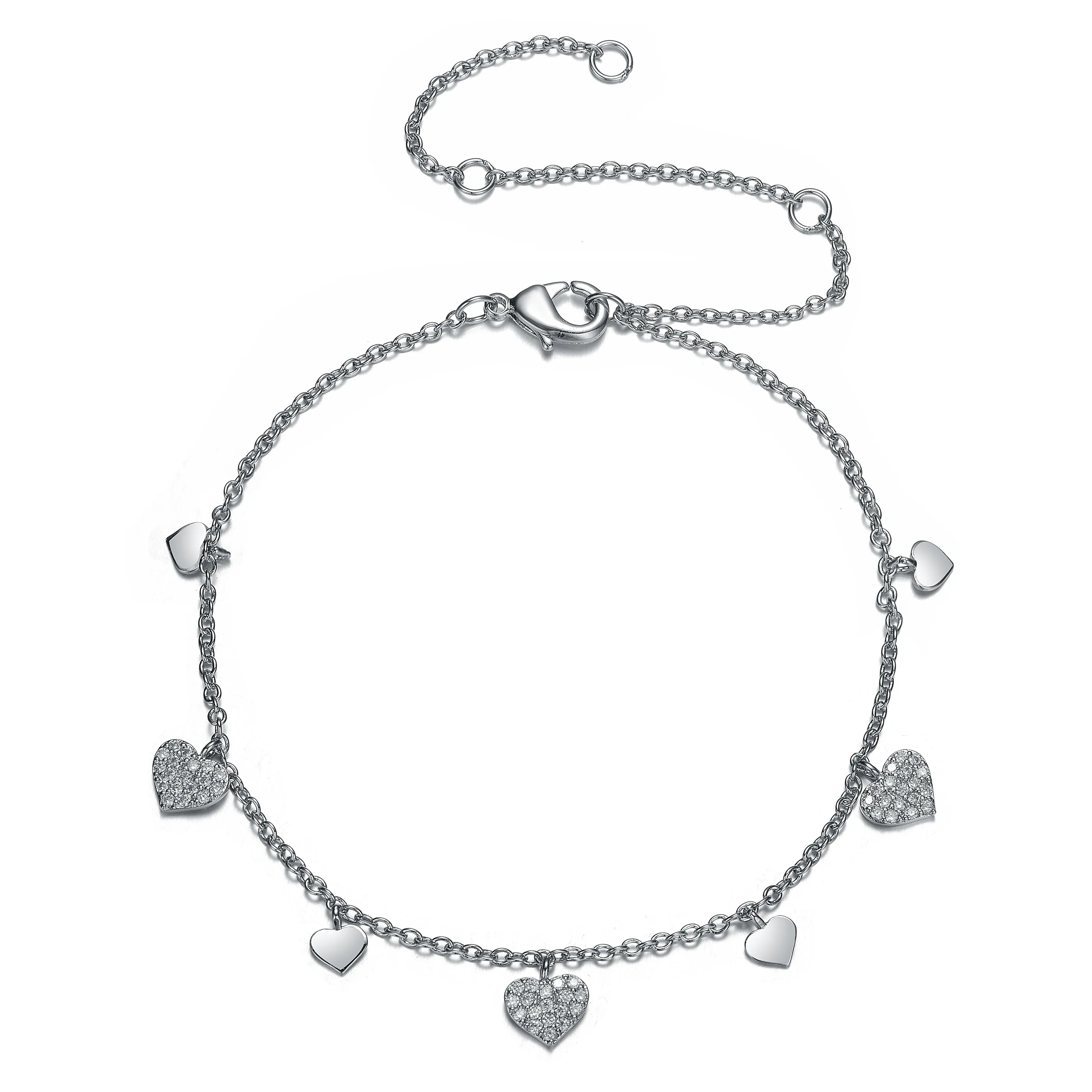 Sterling Silver White Gold Plated Cubic Zirconia Heart Charm Bracelet