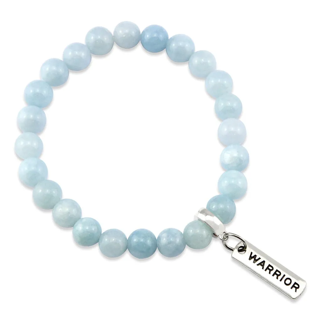 Stone Bracelet - Aquamarine Stone 8mm Beads - with Silver Word charm