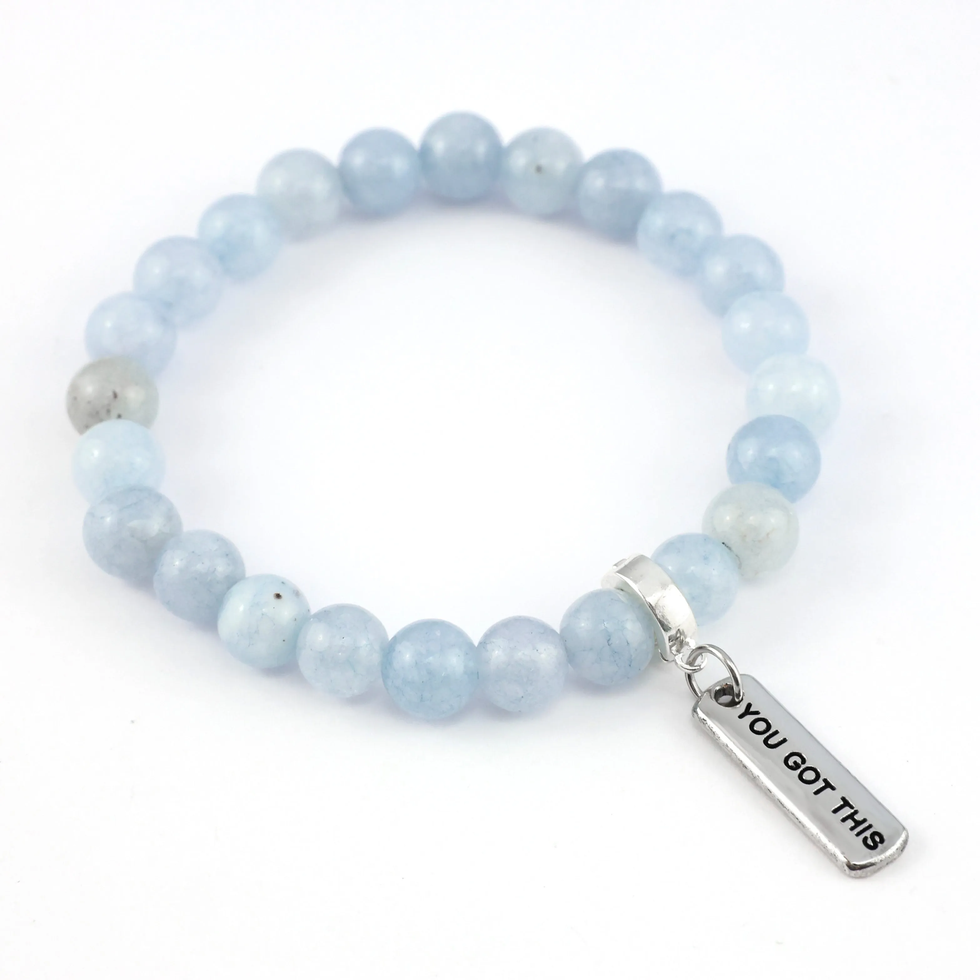 Stone Bracelet - Aquamarine Stone 8mm Beads - with Silver Word charm