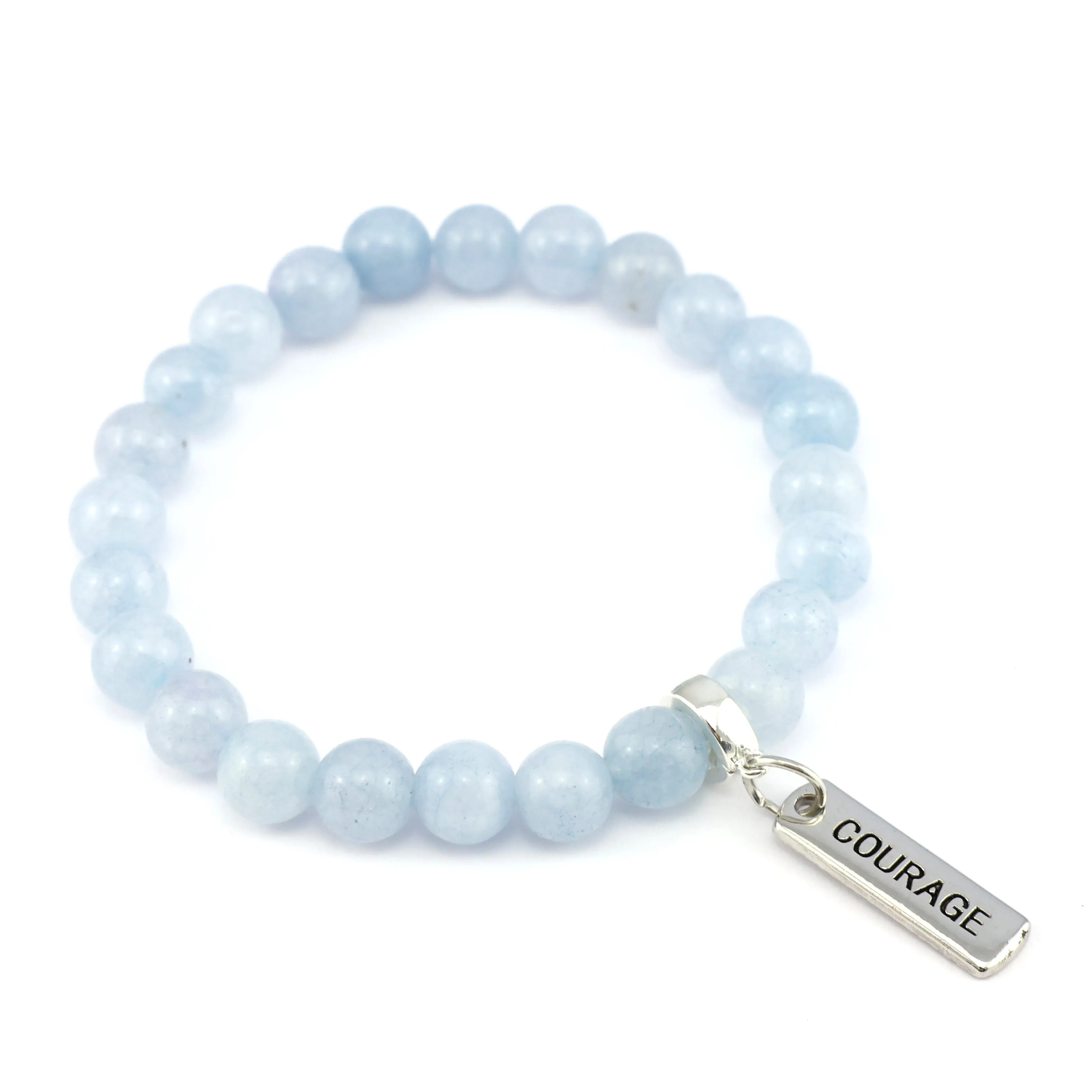 Stone Bracelet - Aquamarine Stone 8mm Beads - with Silver Word charm