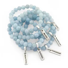 Stone Bracelet - Aquamarine Stone 8mm Beads - with Silver Word charm