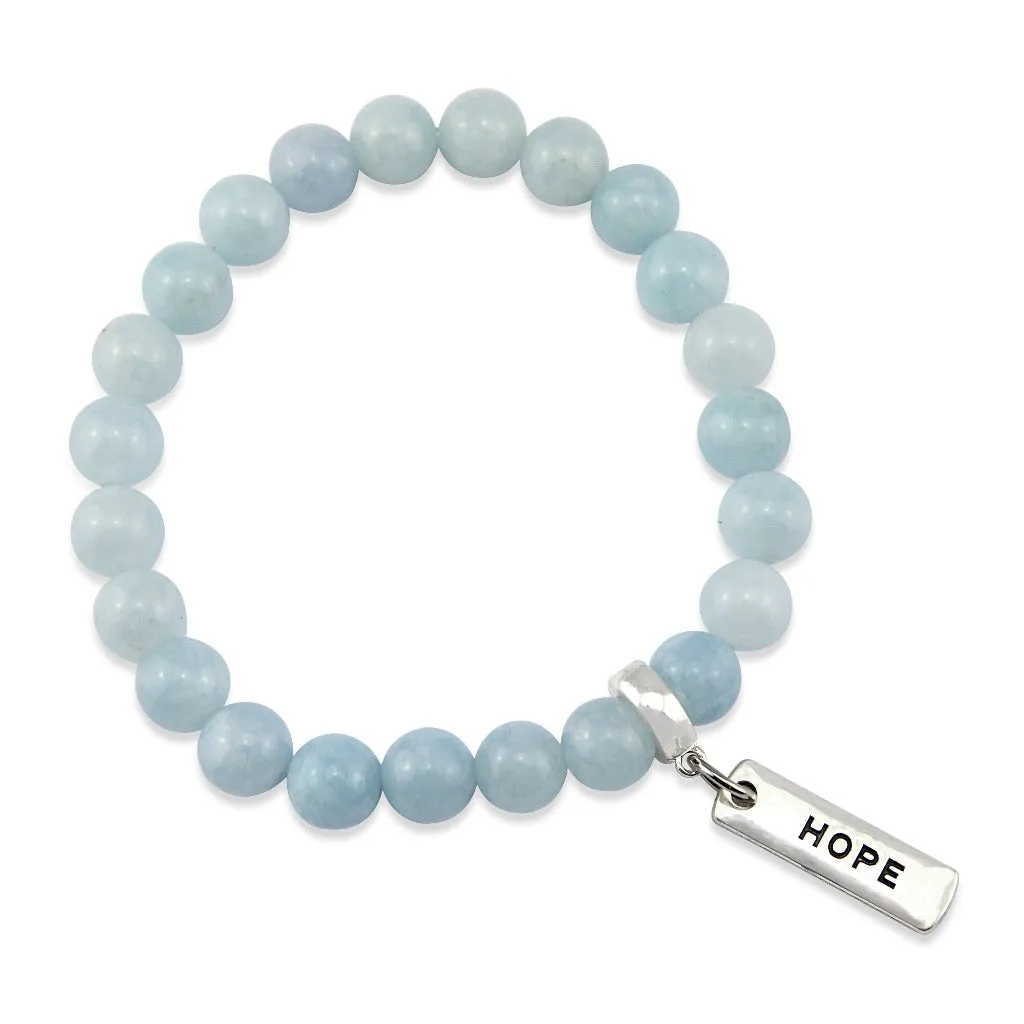 Stone Bracelet - Aquamarine Stone 8mm Beads - with Silver Word charm