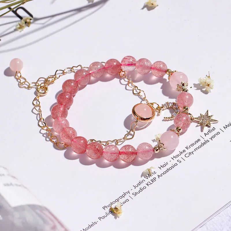 Strawberry Crystal Bracelet - Sterling Silver with Star and Moon Design