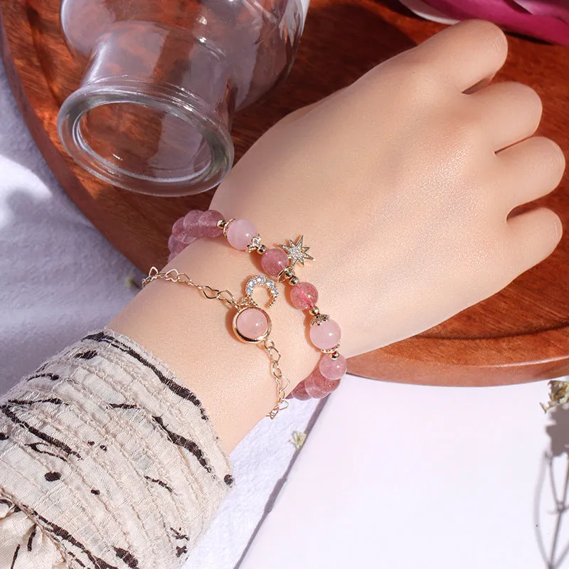 Strawberry Crystal Bracelet - Sterling Silver with Star and Moon Design