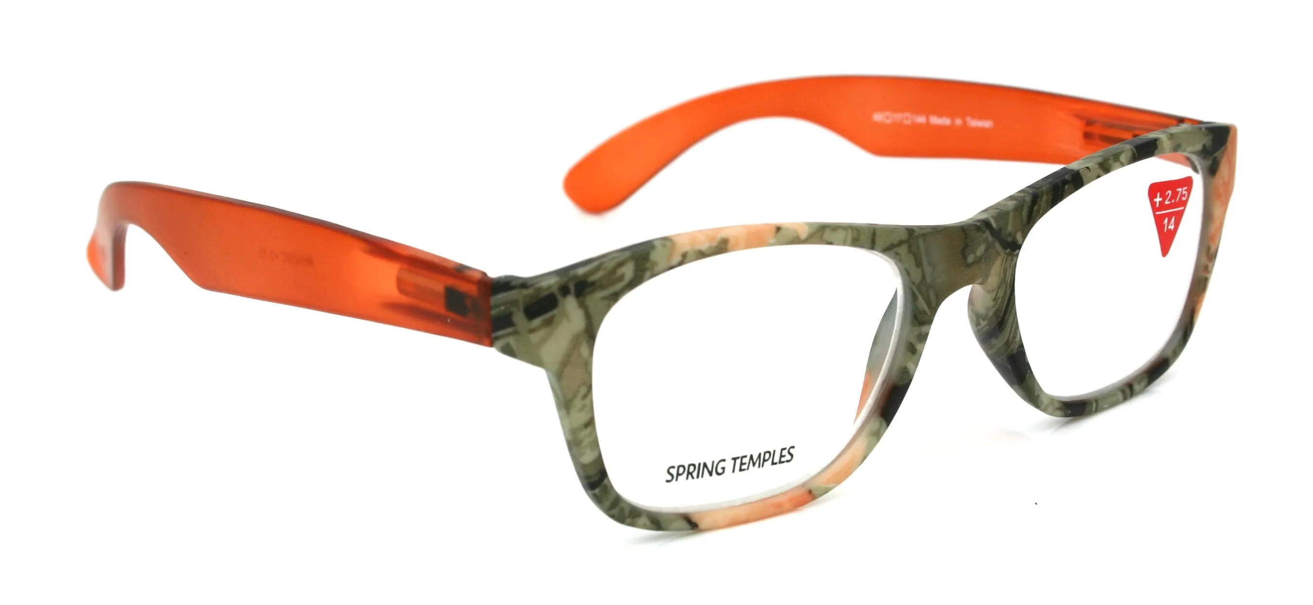 The Forester, (Premium) Reading Glasses, High End Reader  1.25 to  3 Magnifying, Square Style (Orange Camouflage) Frame. NY Fifth Avenue