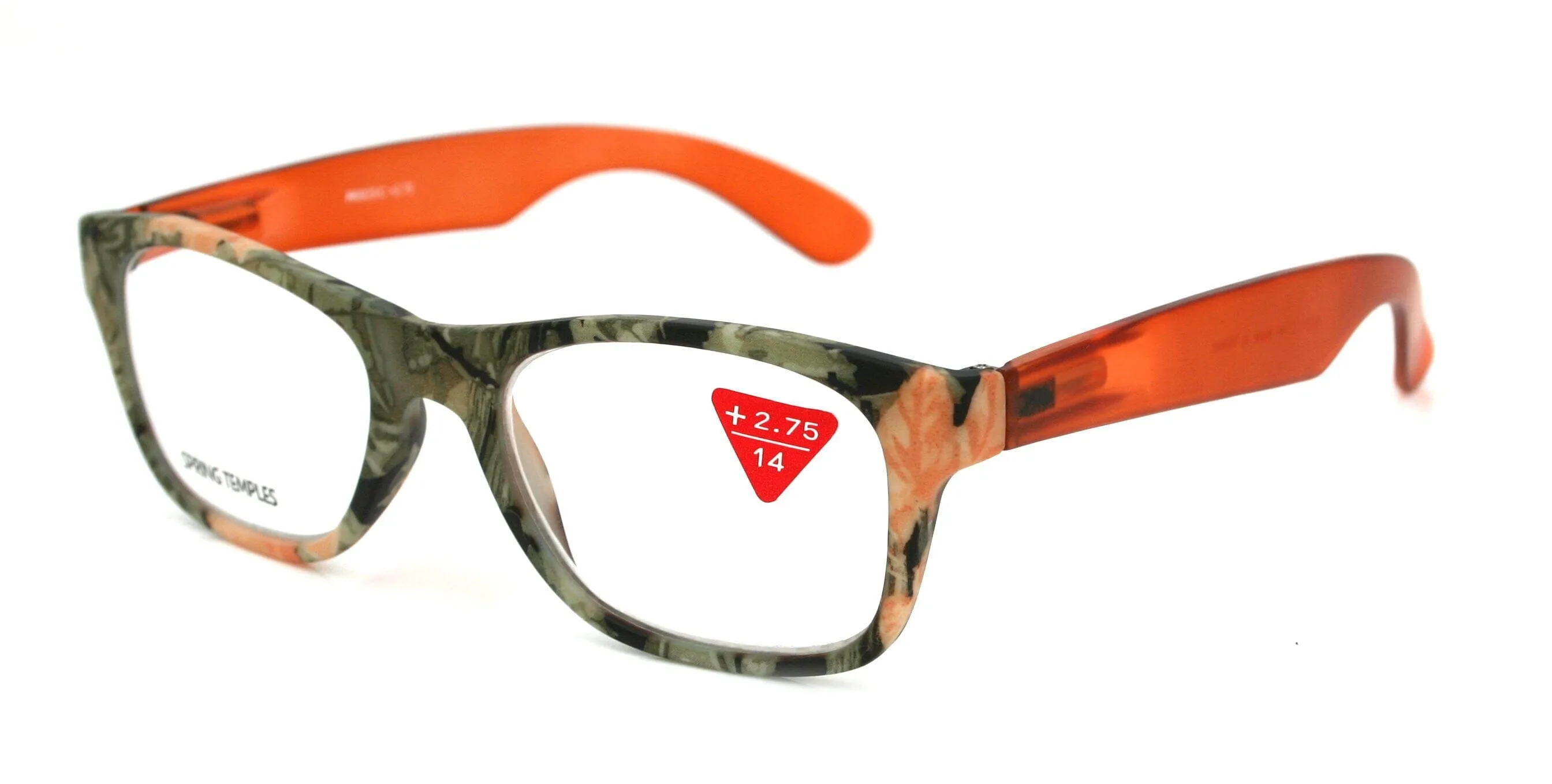 The Forester, (Premium) Reading Glasses, High End Reader  1.25 to  3 Magnifying, Square Style (Orange Camouflage) Frame. NY Fifth Avenue