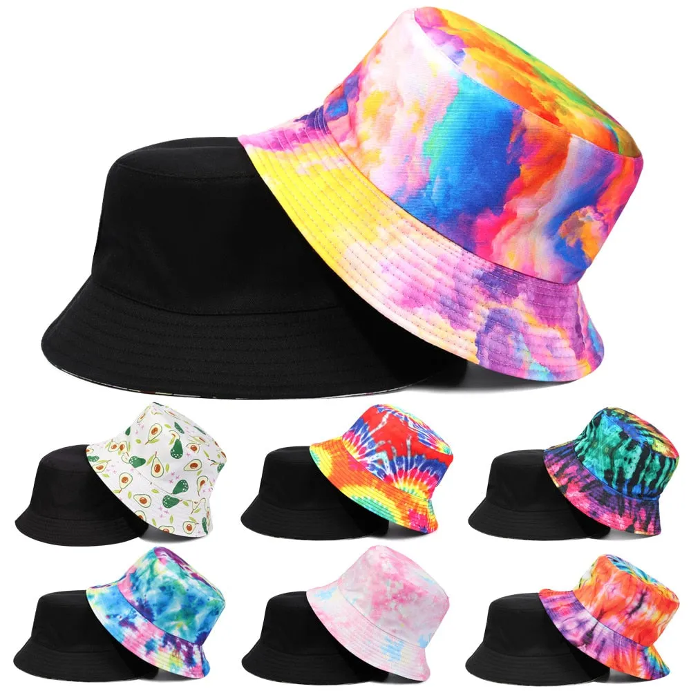 Tie-dyed fisherman hat double-sided double-sided hat avocado zebra cow print foldable outdoor sun hat fisherman hat