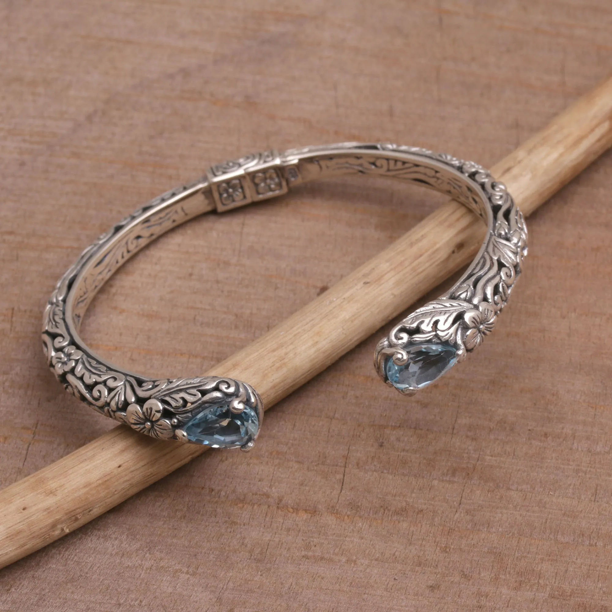 Transcendent Forest Floral Blue Topaz and Silver Cuff Bracelet from Bali