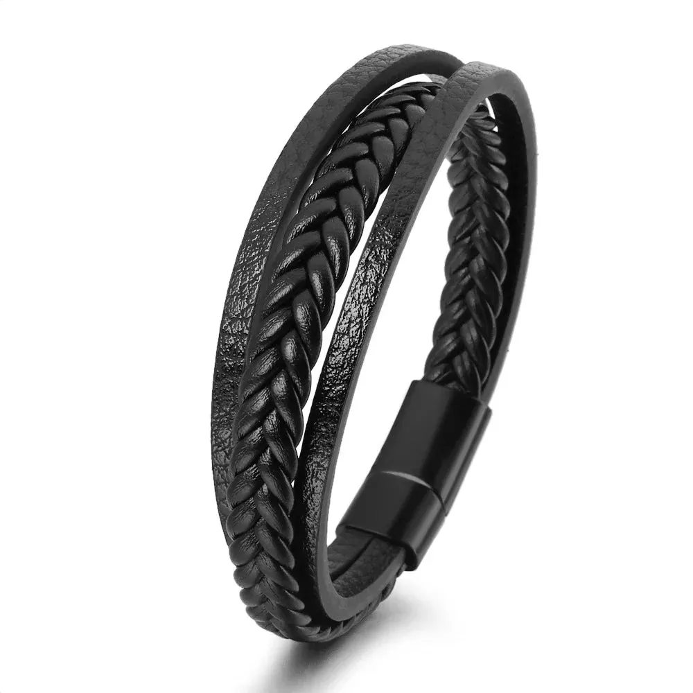 Trendy Leather 21CM  Bracelets For Men Multilayer Bracelet Stainless Steel  Braided Rope Bracelets for Male Female Jewelry Gifts