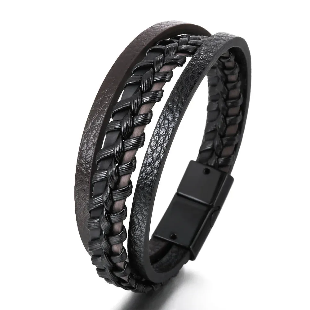 Trendy Leather 21CM  Bracelets For Men Multilayer Bracelet Stainless Steel  Braided Rope Bracelets for Male Female Jewelry Gifts