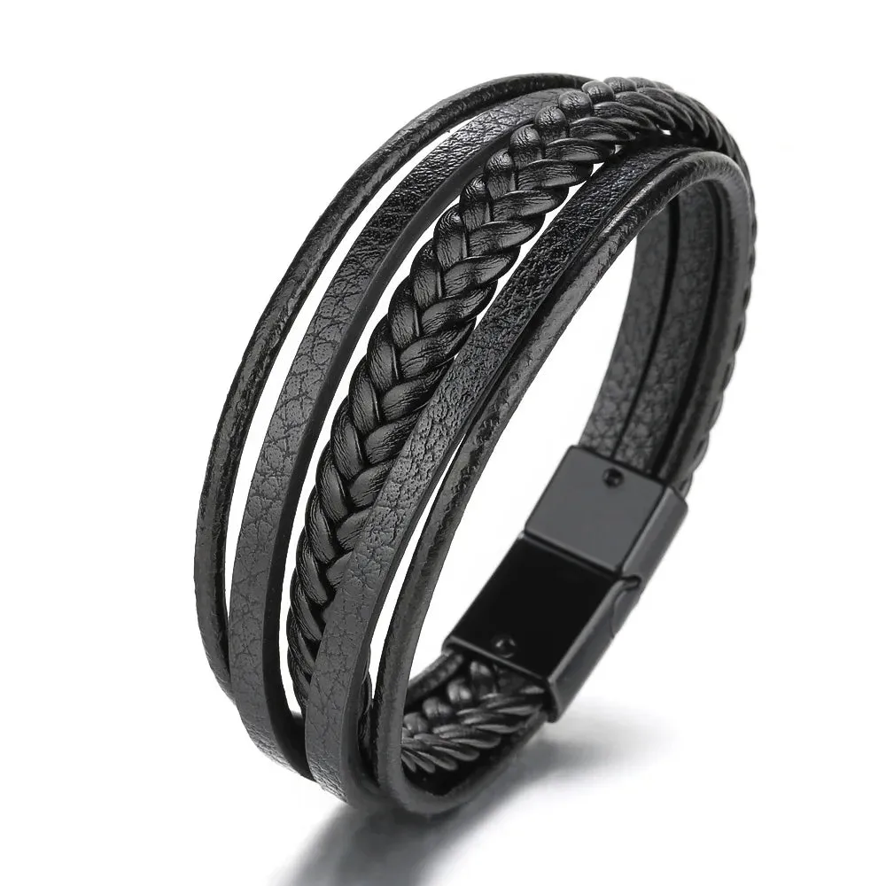 Trendy Leather 21CM  Bracelets For Men Multilayer Bracelet Stainless Steel  Braided Rope Bracelets for Male Female Jewelry Gifts