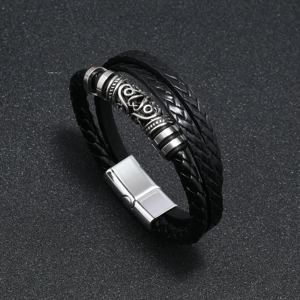 Trendy Leather 21CM  Bracelets For Men Multilayer Bracelet Stainless Steel  Braided Rope Bracelets for Male Female Jewelry Gifts