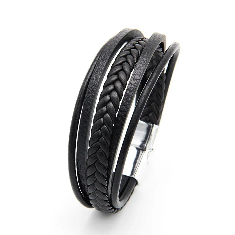 Trendy Leather 21CM  Bracelets For Men Multilayer Bracelet Stainless Steel  Braided Rope Bracelets for Male Female Jewelry Gifts